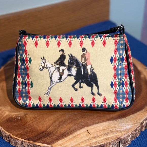 Paradox Handbags - Paradox Vintage Beaded Equestrian Canvas Baguette Bag 90s/Y2K Argyle Purse